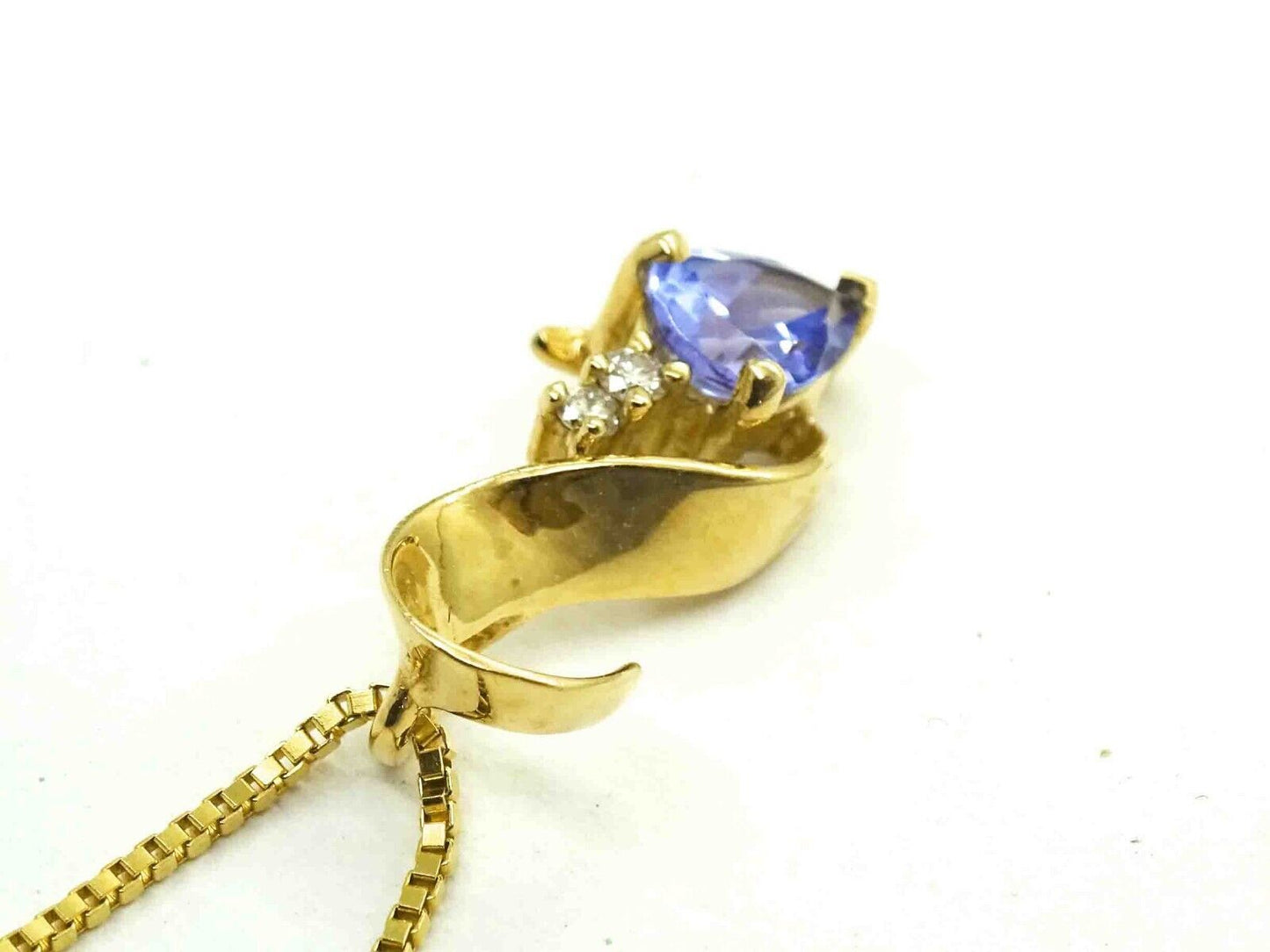 Natural Pear Tanzanite & Diamond Ribbon Style Pendant Necklace 14k Gold