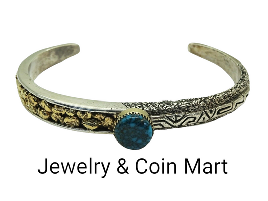 Natural Spiderweb Turquoise Cuff Bracelet Sterling Silver w/14k Gold Accents