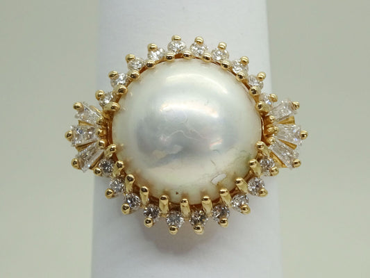 Natural Mabe Pearl Cabochon & Diamond Halo Ring 14k Gold Size 6.75