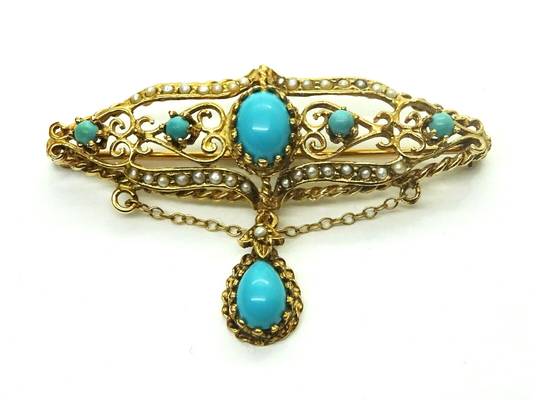 Robin's Egg Blue Persian Turquoise & Seed Pearl Dangle Filigree Brooch 14k Gold