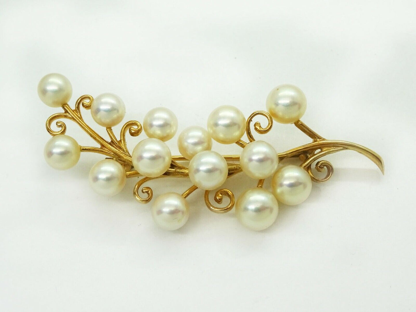 Mikimoto Akoya Pearl Swirling Branch Brooch Pin 14k Gold