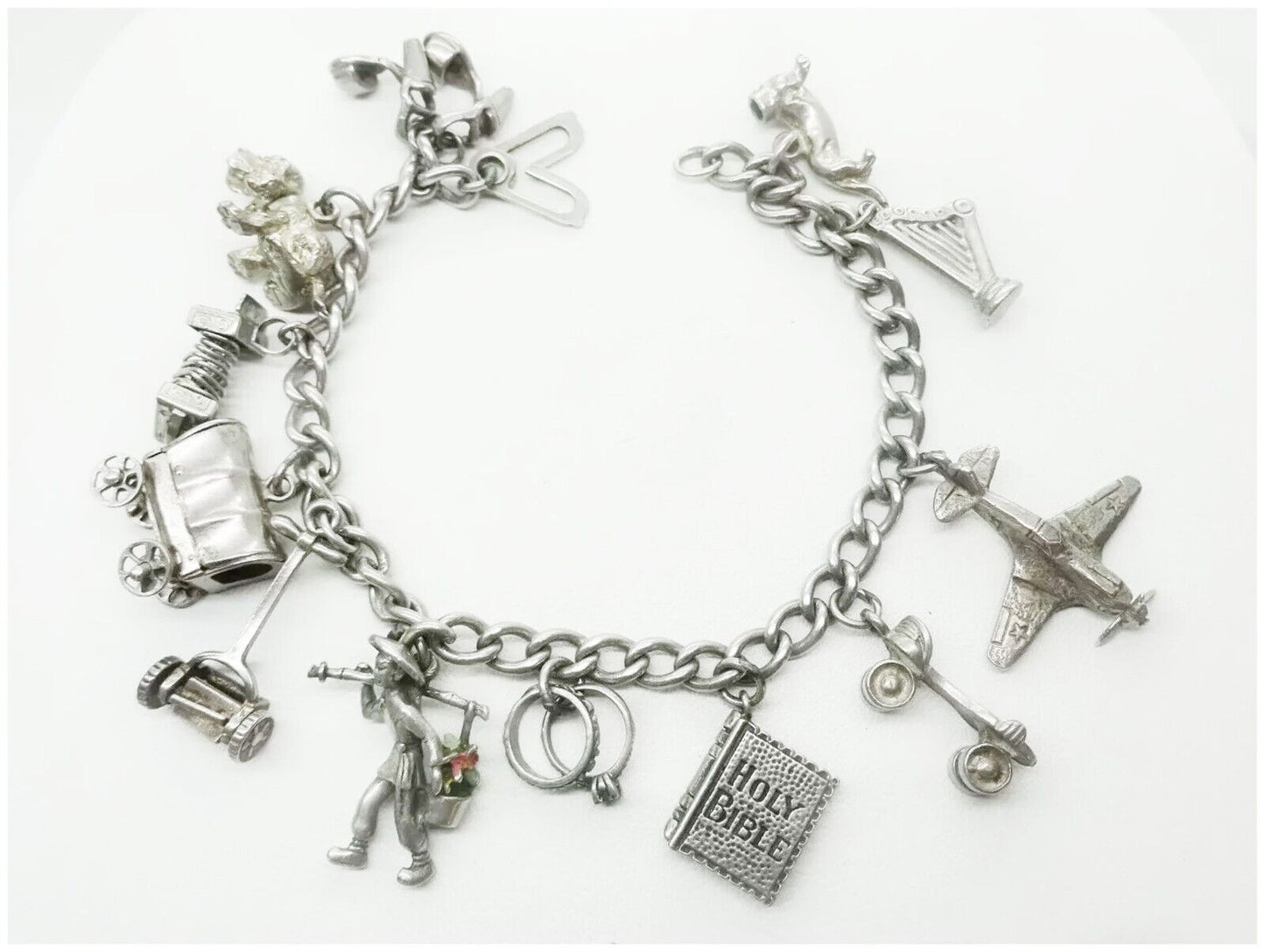 Estate Vintage Sterling Silver Charm Bracelet 12 Unique Charms 35 Grams