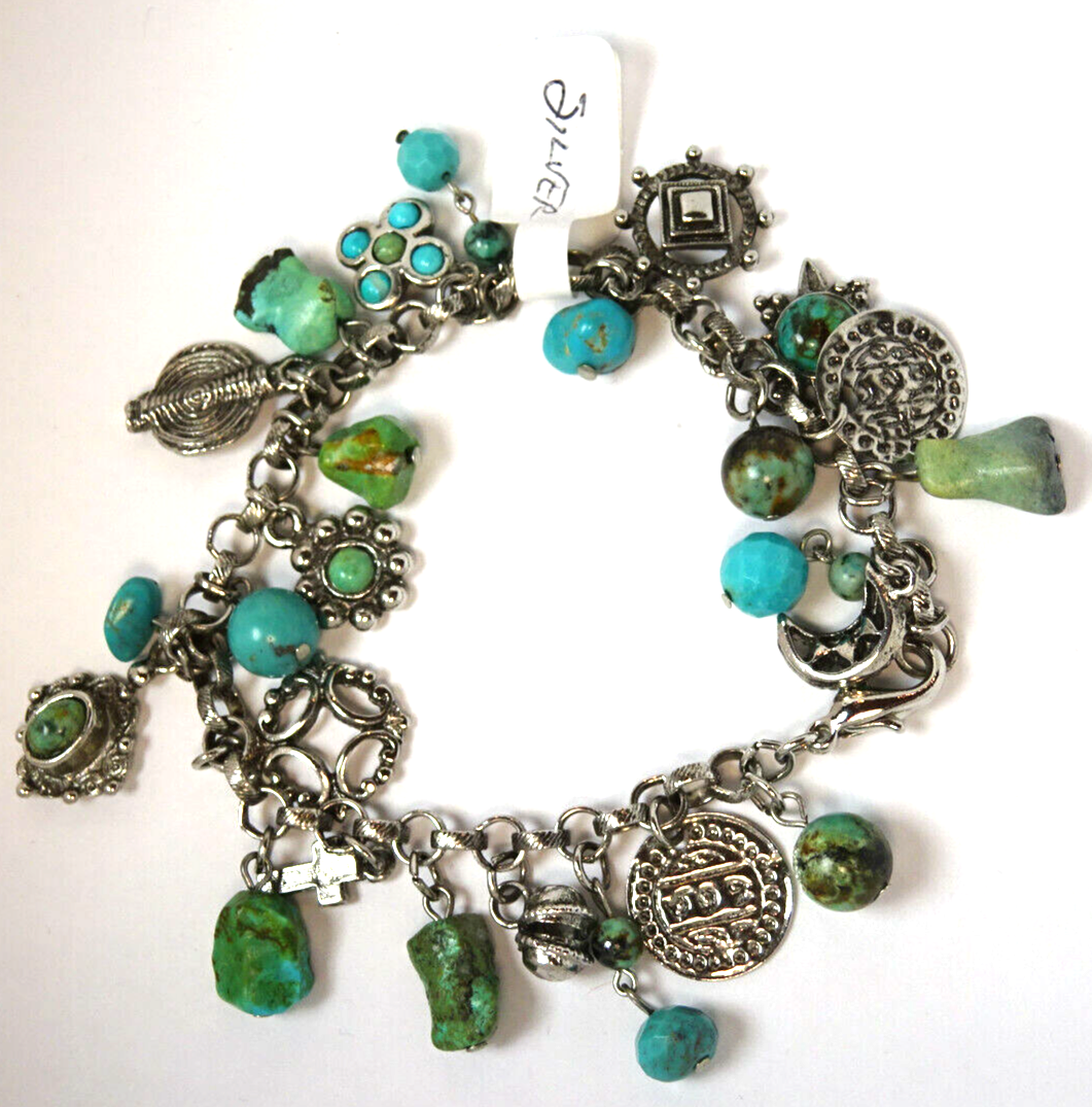 Vtg Sterling Silver Southwest Charm Bracelet 25 Charms Turquoise/Assorted 26.8 g