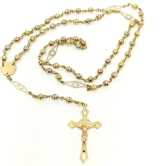 Real 14k Rosary Tri-Color Gold Jesus Crucifix Necklace 28'' Chain