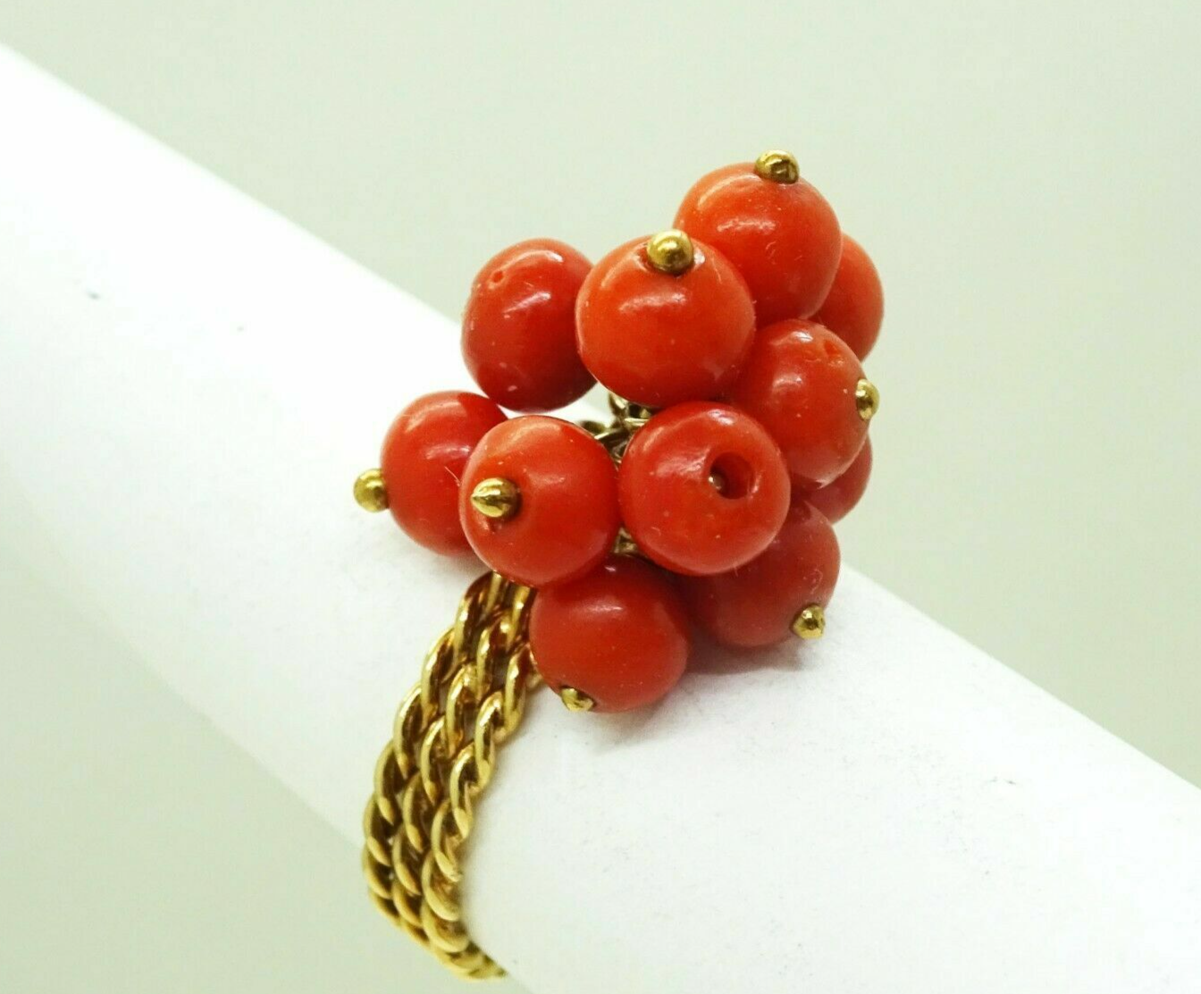 Estate Oxblood Red Coral Bead Cluster Setting Ring 14k Gold Size 5