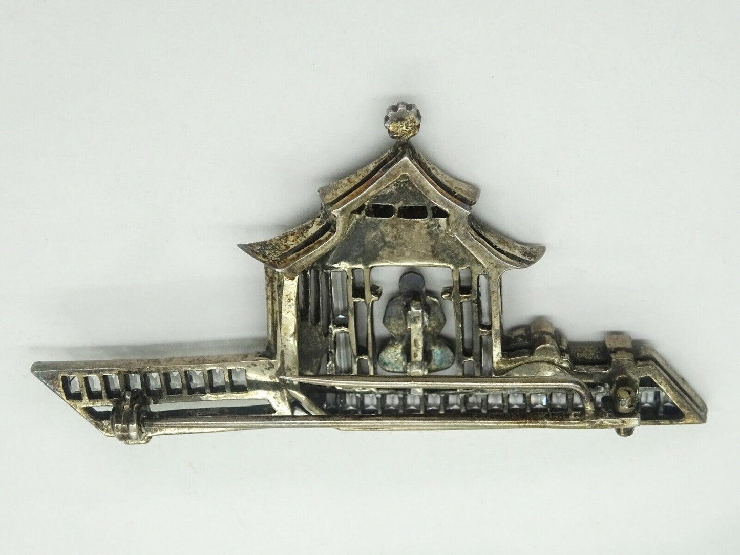 Estate Antique 1940s Crystal & Marcasite Sterling Silver Palace Pagoda Fur Pin