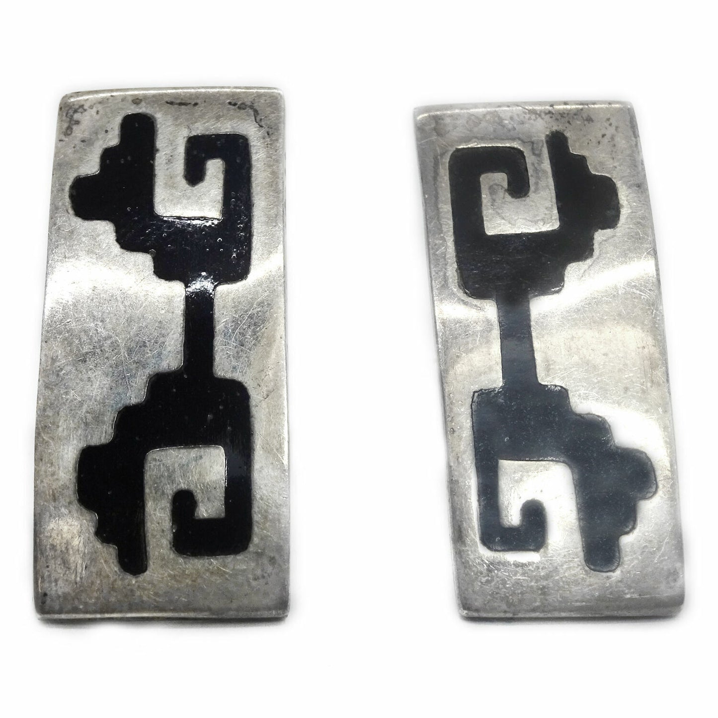 Taxco Primitive Geometric Pattern Sterling Silver Earrings Signed