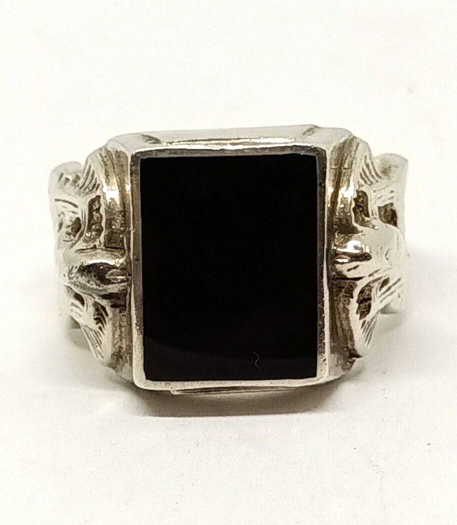 Black Onyx Sterling Silver Men's Ring W Snakes Size 11.5, 15.7 grams