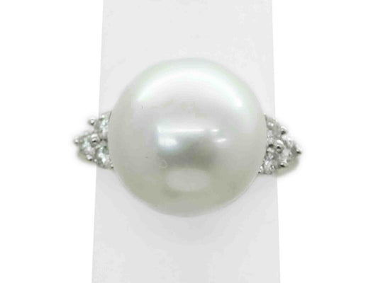 11.9mm Wide Natural Pearl & Diamond Accent Ring 18k Gold Size 4.5