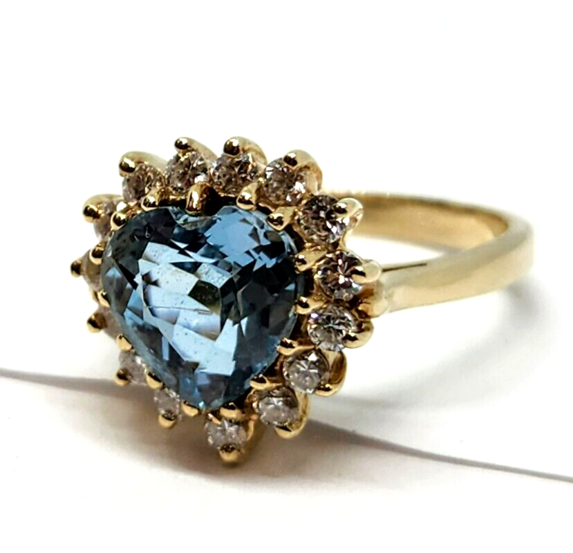 3.20ct tw Aquamarine Heart & Diamond Halo 14k Gold Ring, Size 7.75