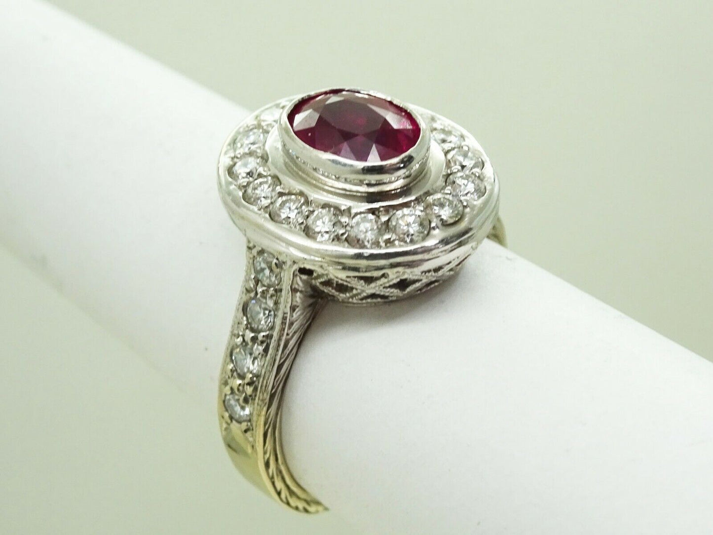 2.22ct tw Natural Ruby Ring & Earth Mined Diamond Halo 18k White Gold Size 6.5