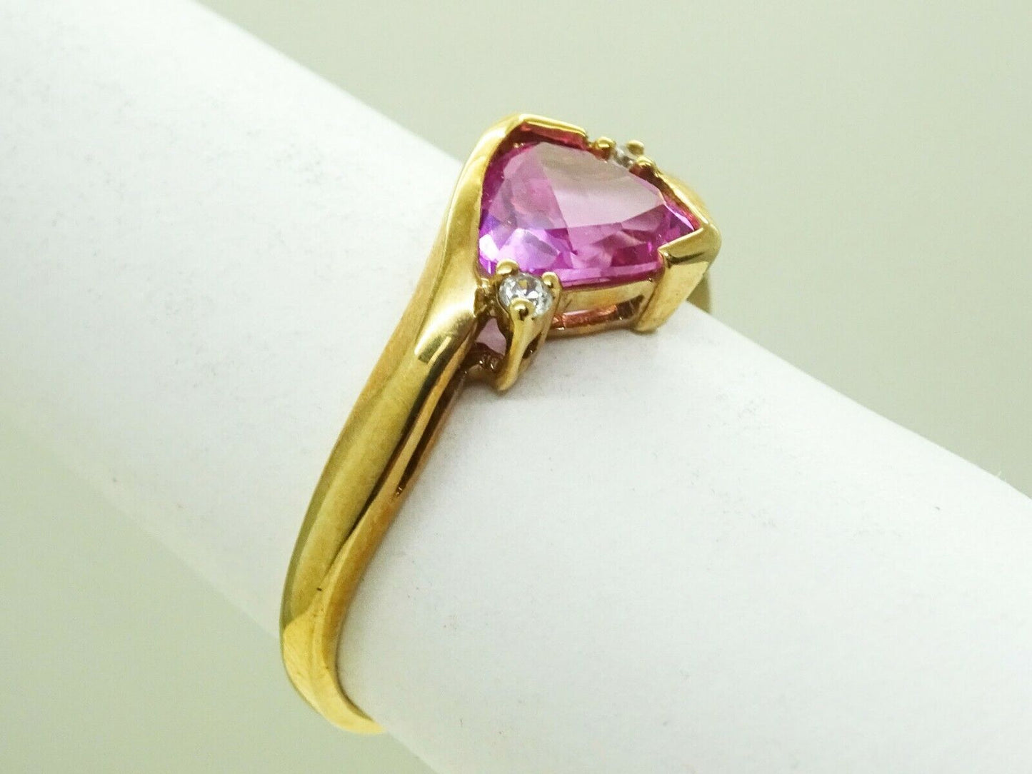 Lab-Created Trillion-Cut Pink Sapphire & CZ Ring 10k Gold Size 7