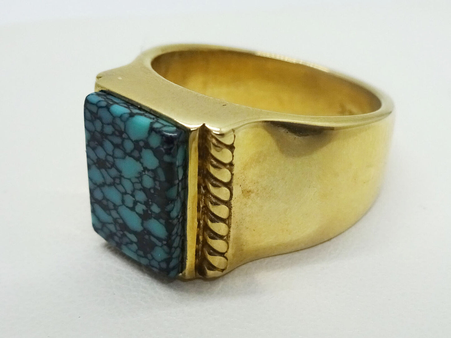 Genuine Carusetta Spider Web Turquoise & 14k Yellow Gold Ring, Size 6.5