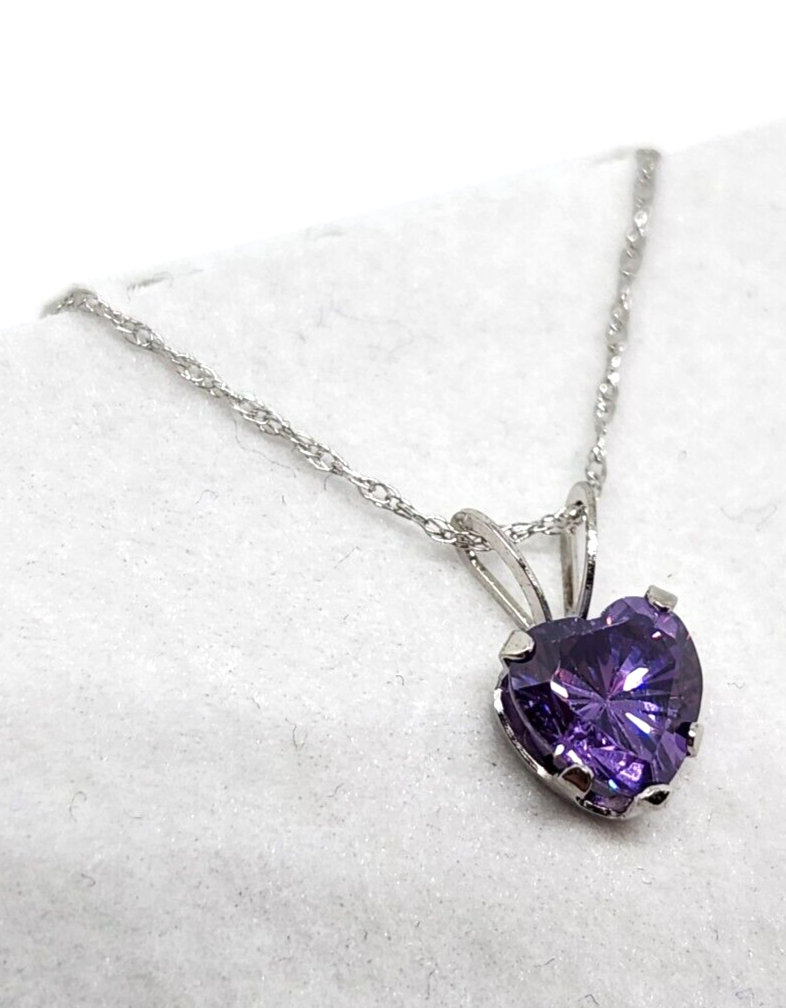 Heart Purple CZ 10k White Gold Necklace, 18'' Long