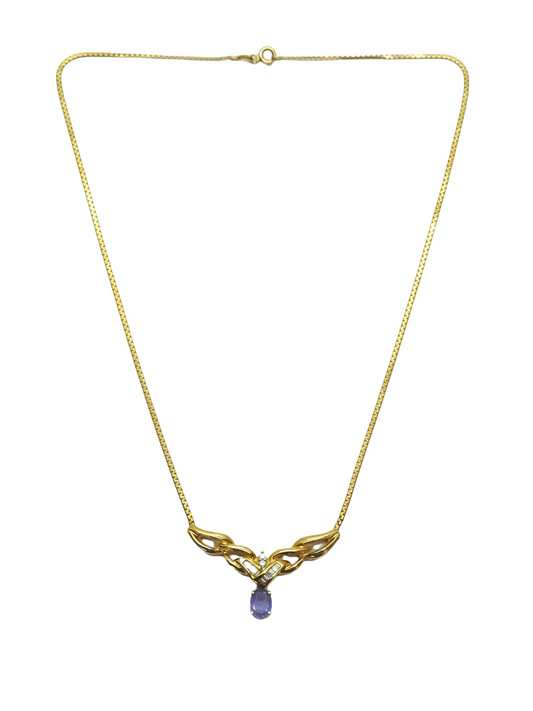 Natural Tanzanite & Diamond Open Center Station Necklace 14k Gold 17.5"