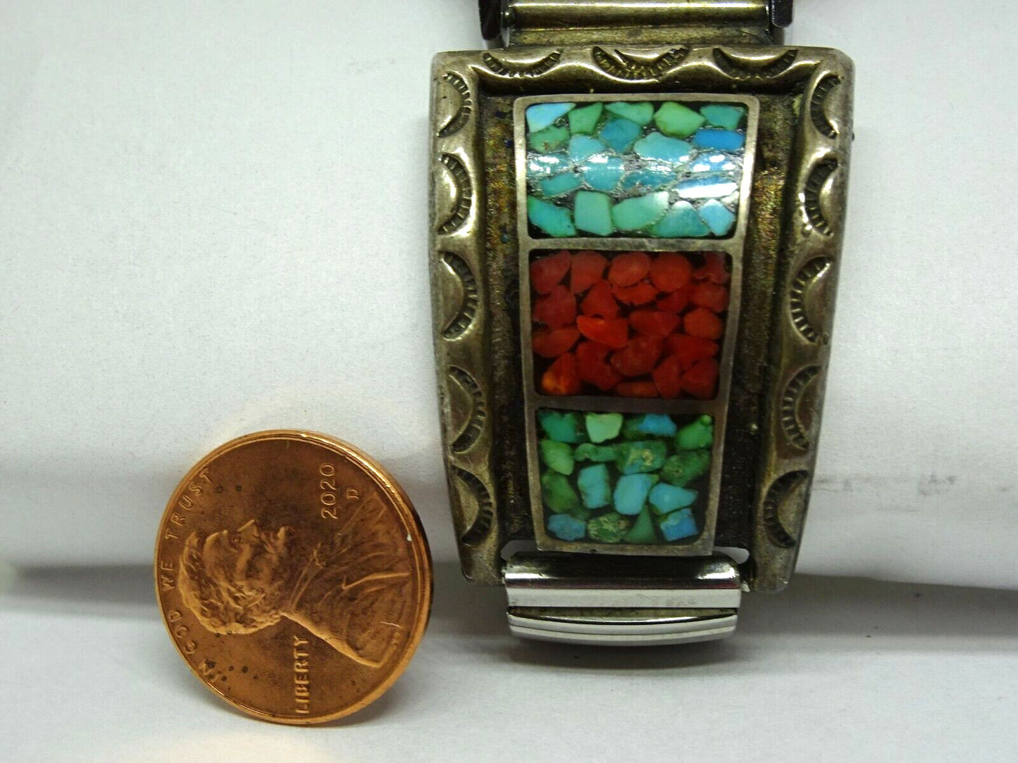 Old Pawn Navajo Big Turquoise & Coral Inlay Sterling Watch Tips Signed