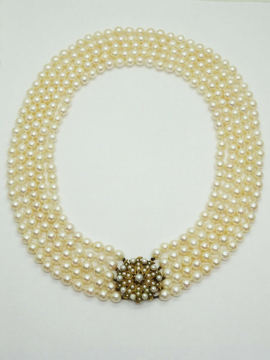 5-Strand Knotted Natural Pearl Necklace 9k Gold Signed DHJ 16”