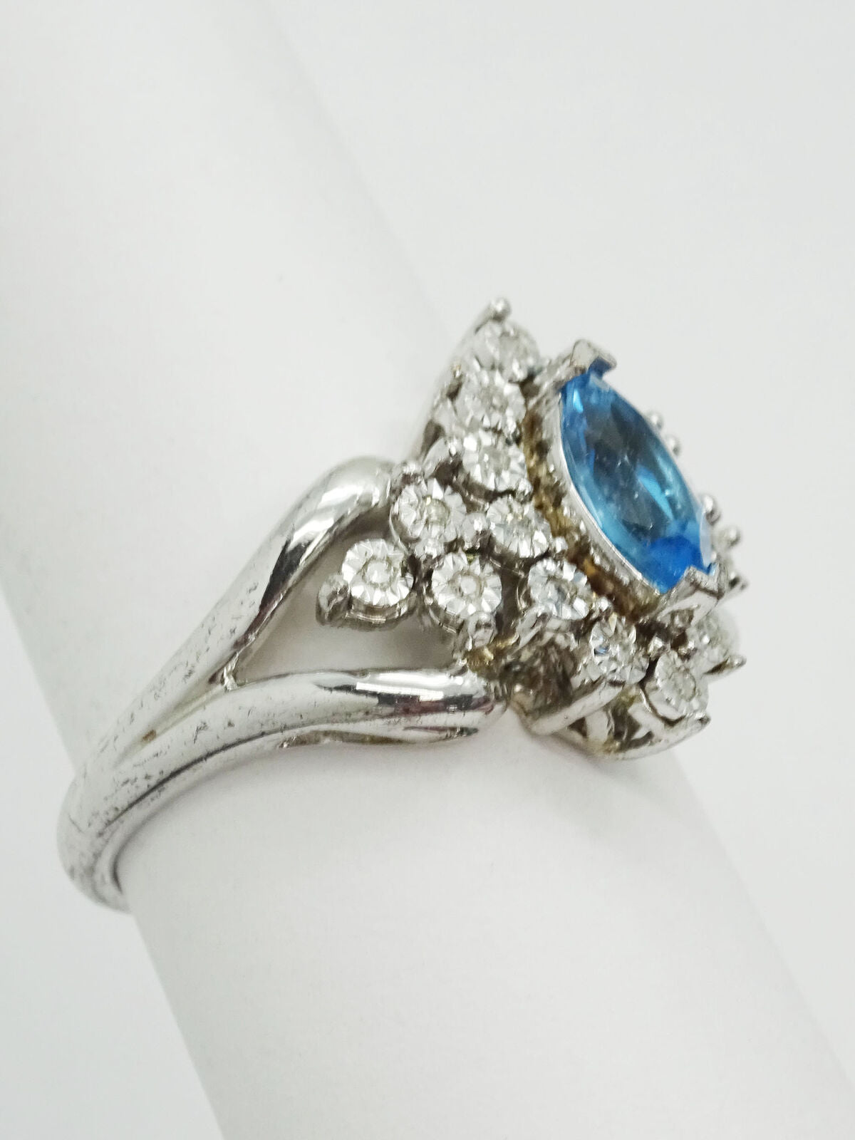 1.5ct tw Marquise Blue & White CZ Burst Filigree Sterling Silver Ring Size 7