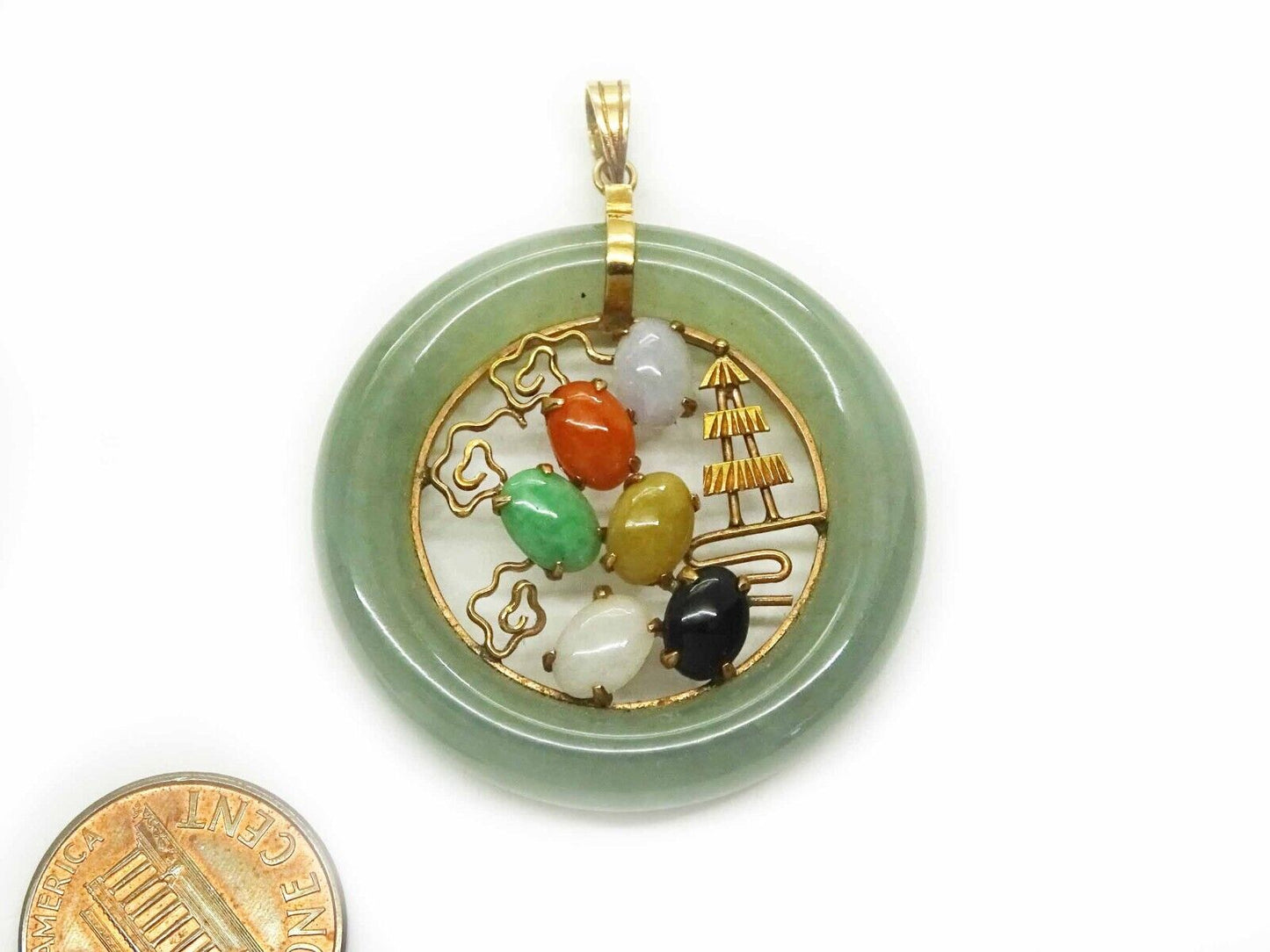 Multicolor Jade Round Filigree Bezel Pendant 14k Gold