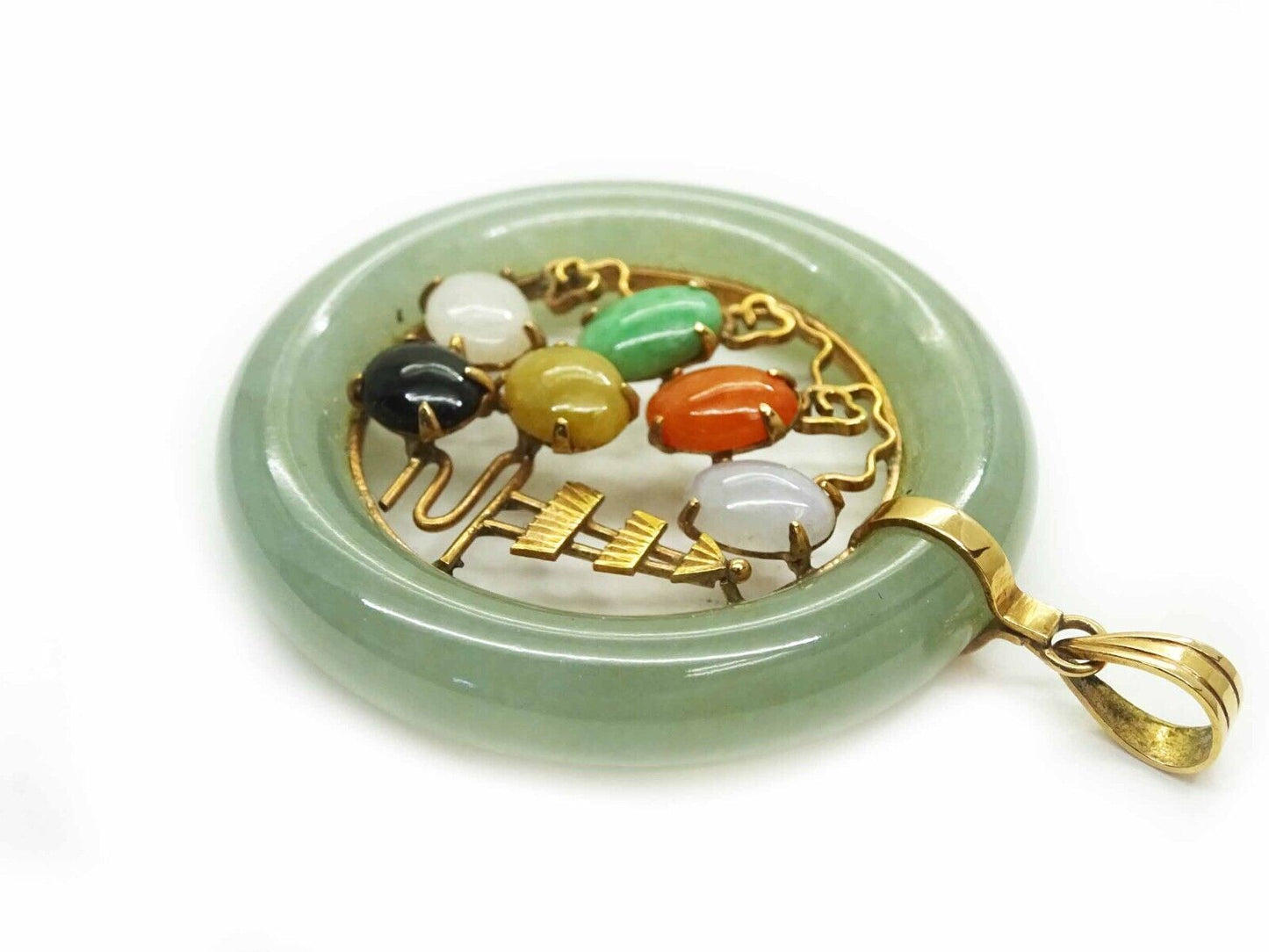 Multicolor Jade Round Filigree Bezel Pendant 14k Gold