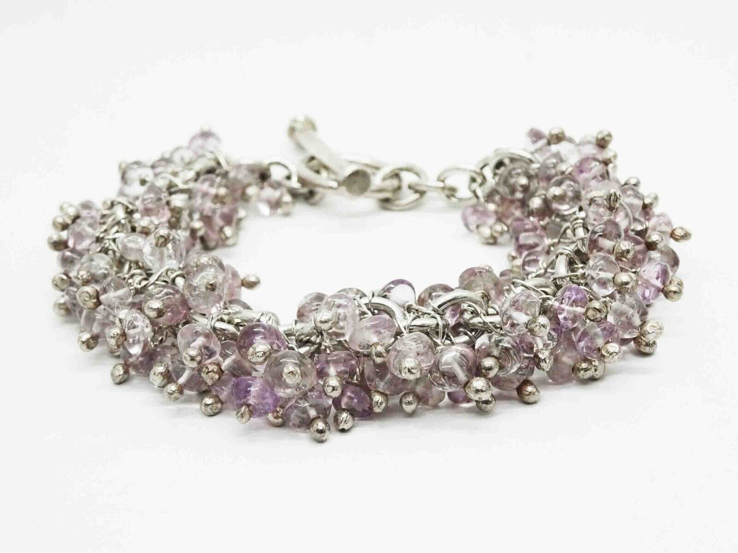 Natural Light Amethyst Dangle Bead Charm Toggle Bracelet Sterling Silver