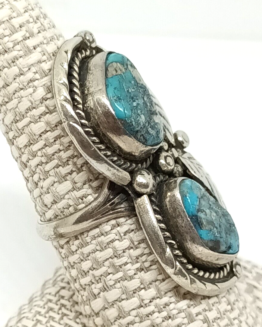 Native American Hand Signed Turquoise & Sterling Silver Ring Size 8.5, 14.5 g