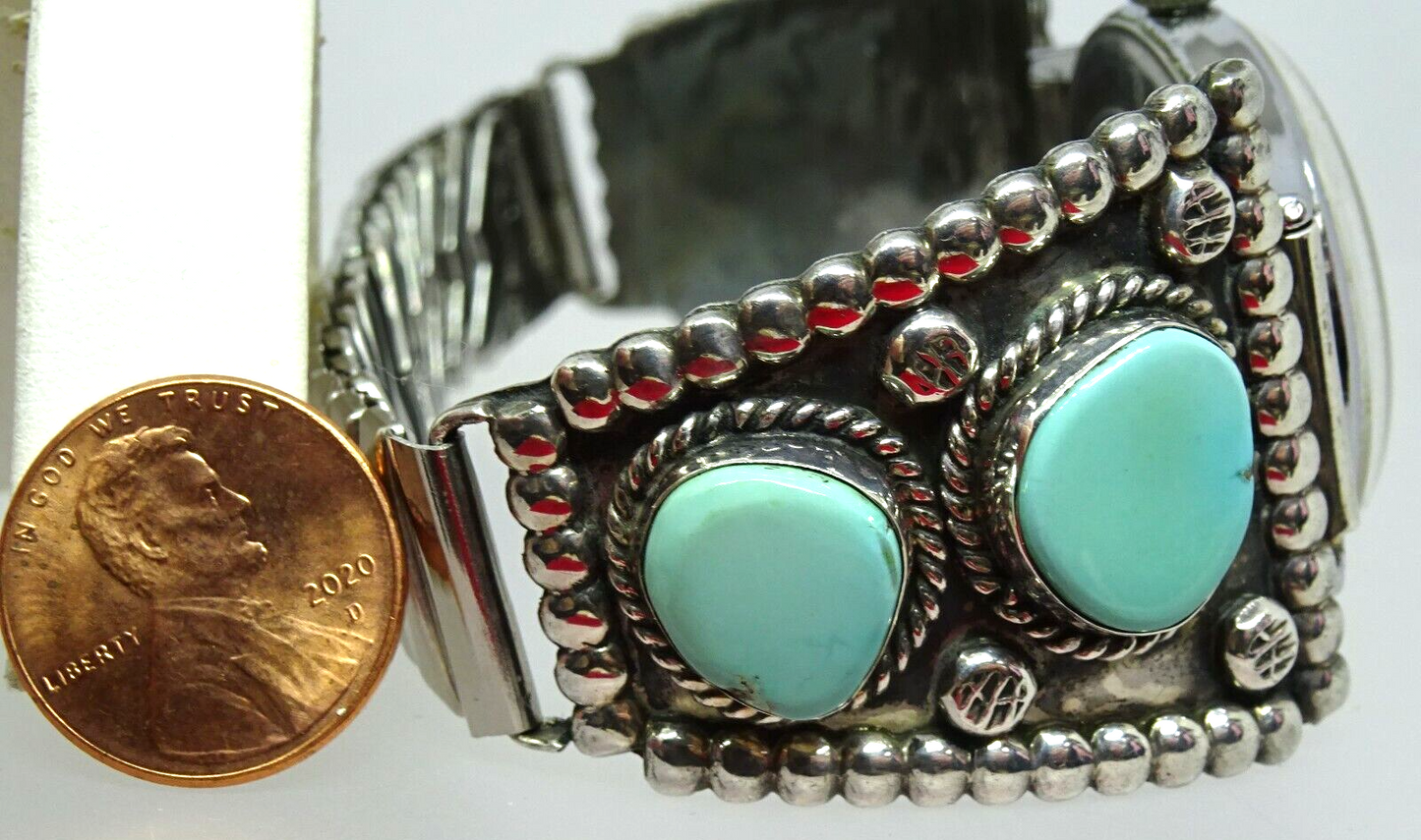 Native American Sterling Silver & Turquoise Watch Tips Signed AF