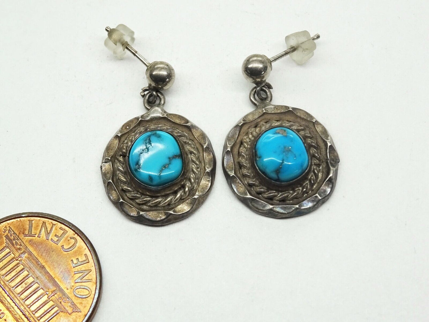 Vintage Signed Handcrafted Turquoise Nugget Dangle Earrings Sterling Silver