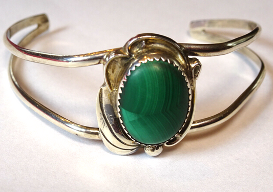 Native American Navajo Sterling Silver Malachite Cuff Bracelet, Signed TT