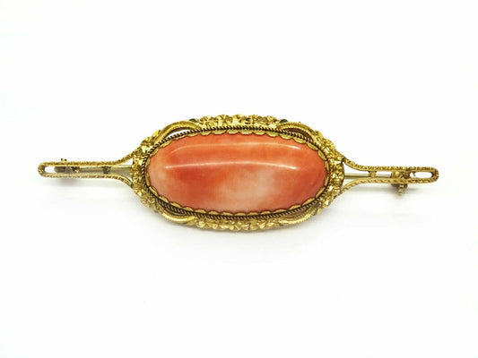 Estate Large Oval Coral Cabochon Brooch Pin 18k Gold