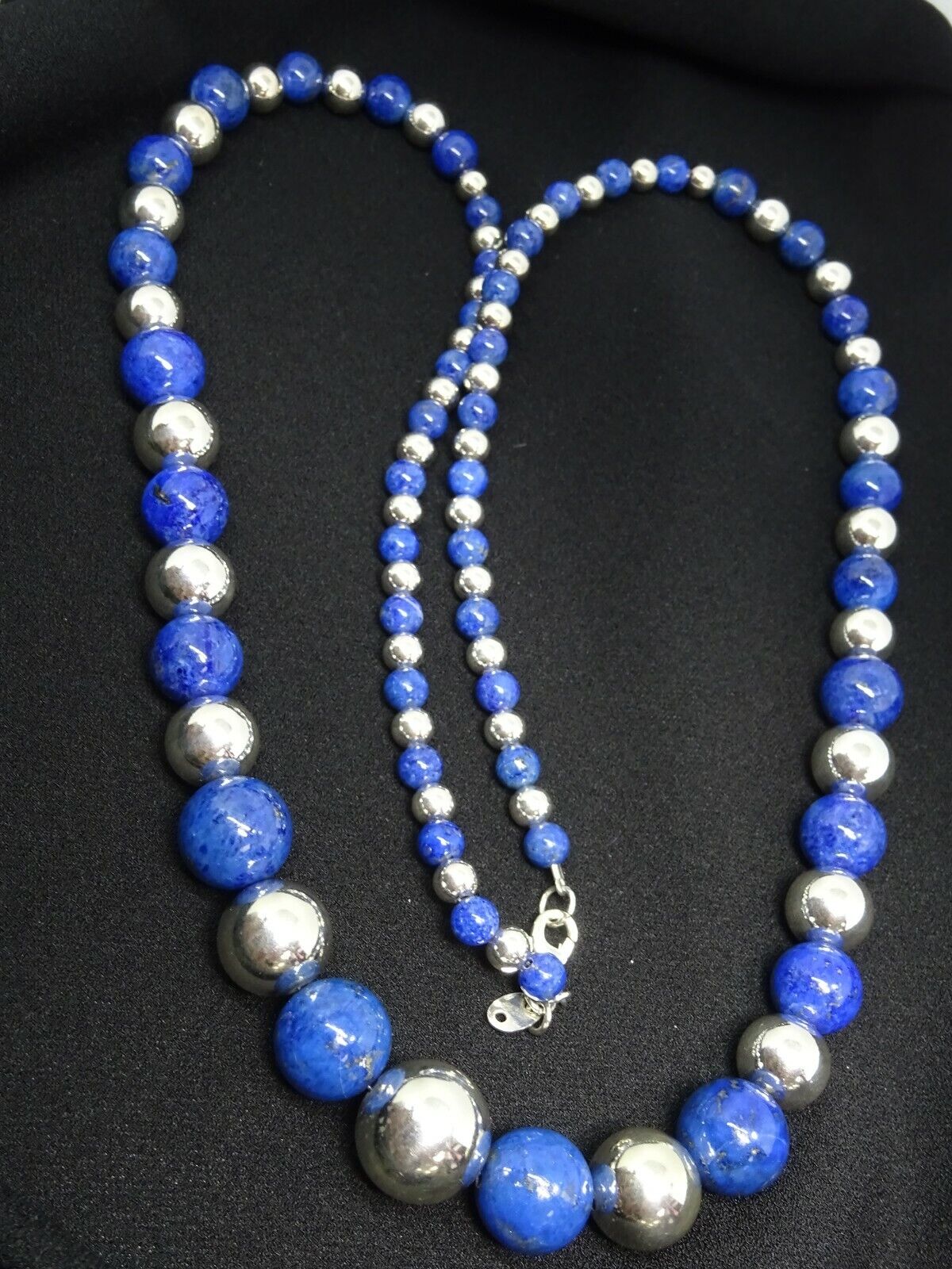 Natural Lapis Lazuli and Sterling Silver Bead Necklace 30" Extra Long