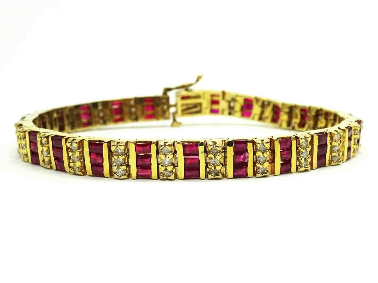 Natural Heat Treated Ruby & Diamond Link Bracelet 14k Gold 7.25"