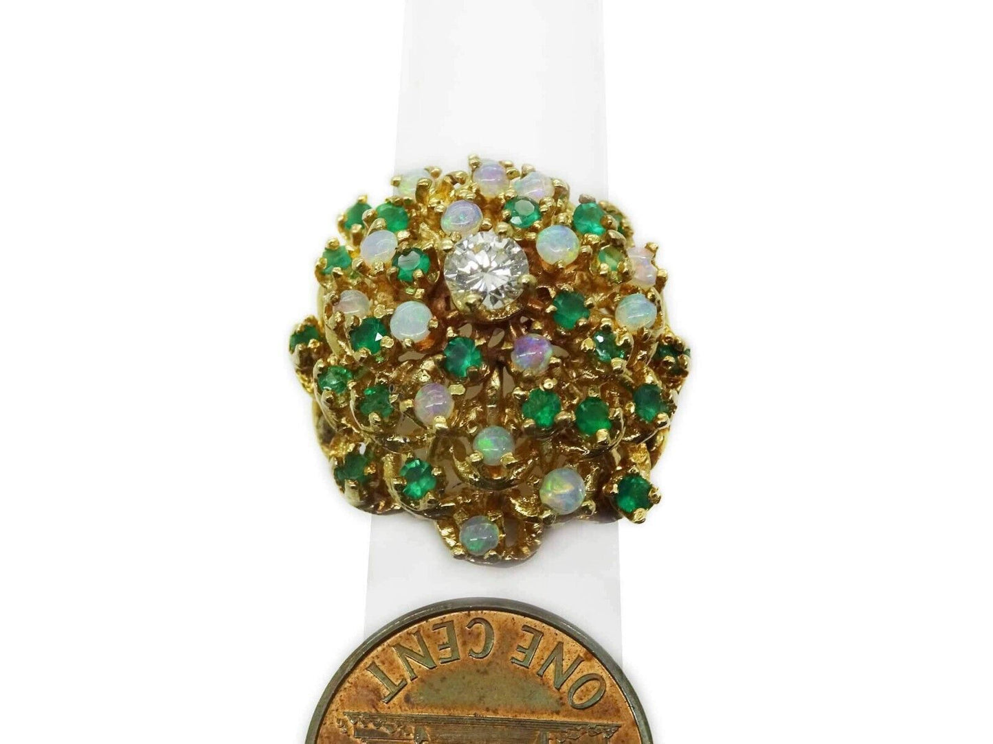 1.7ctw Natural Emerald Opal & Diamond Cluster Filigree Dome Ring 14k Gold Size 4