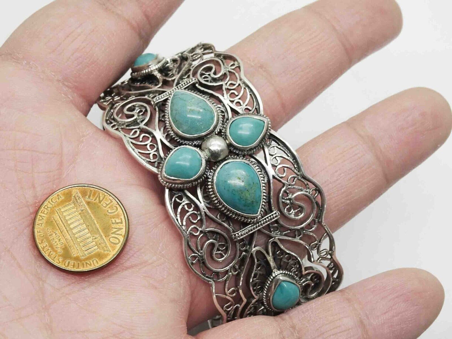 Turquoise Cabochon Openwork Filigree Hinged Bangle Bracelet Sterling Silver