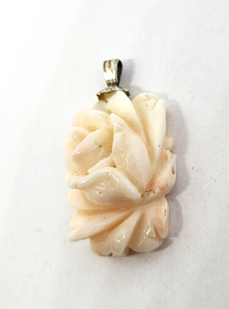 Carved Floral Angel Skin Coral Sterling Silver Pendant 1" Long