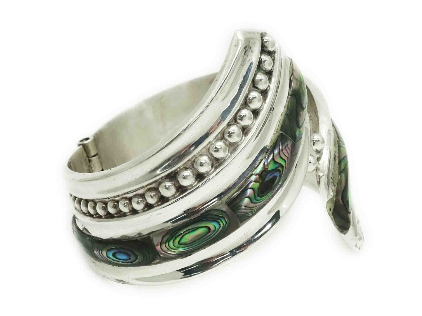 Taxco Mexico Abalone Inlay Clamper Cuff Bracelet Sterling Silver 48.9 Grams