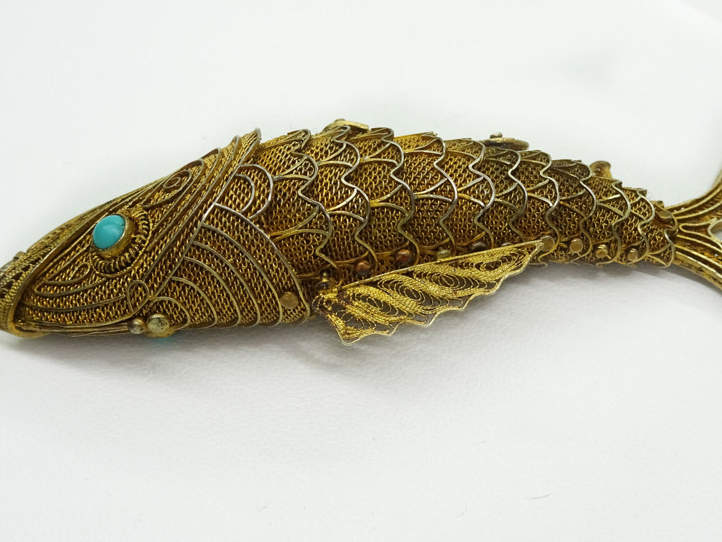 Antique Chinese Articulated Large Koi Fish Pendant Turquoise Eyes