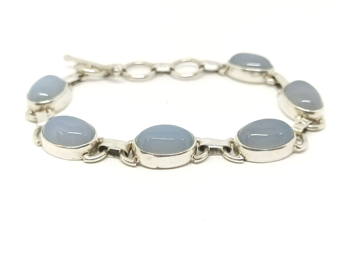 Genuine Blue Chalcedony Cabochon Sterling Silver Bracelet, 8'' Long