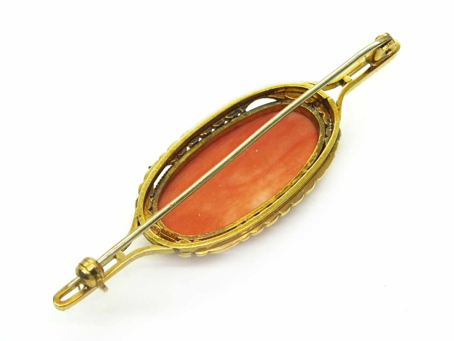 Estate Large Oval Coral Cabochon Brooch Pin 18k Gold