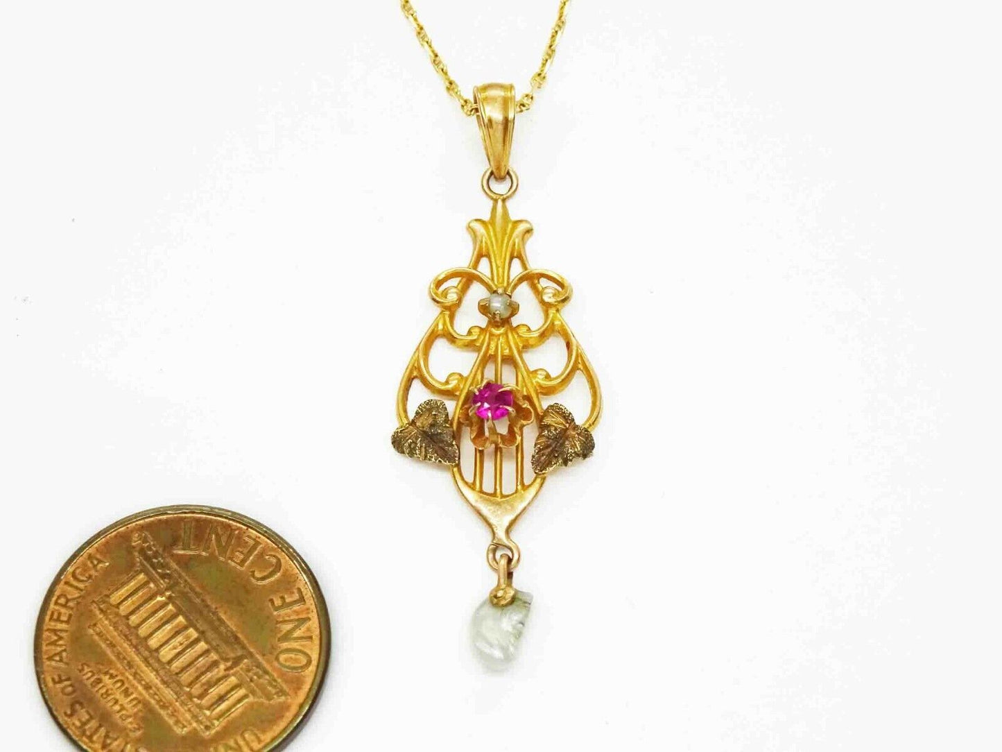 Vintage Pearl Drop Ruby Lavalier Pendant 10k Gold on Thin Chain 14k Gold 20"