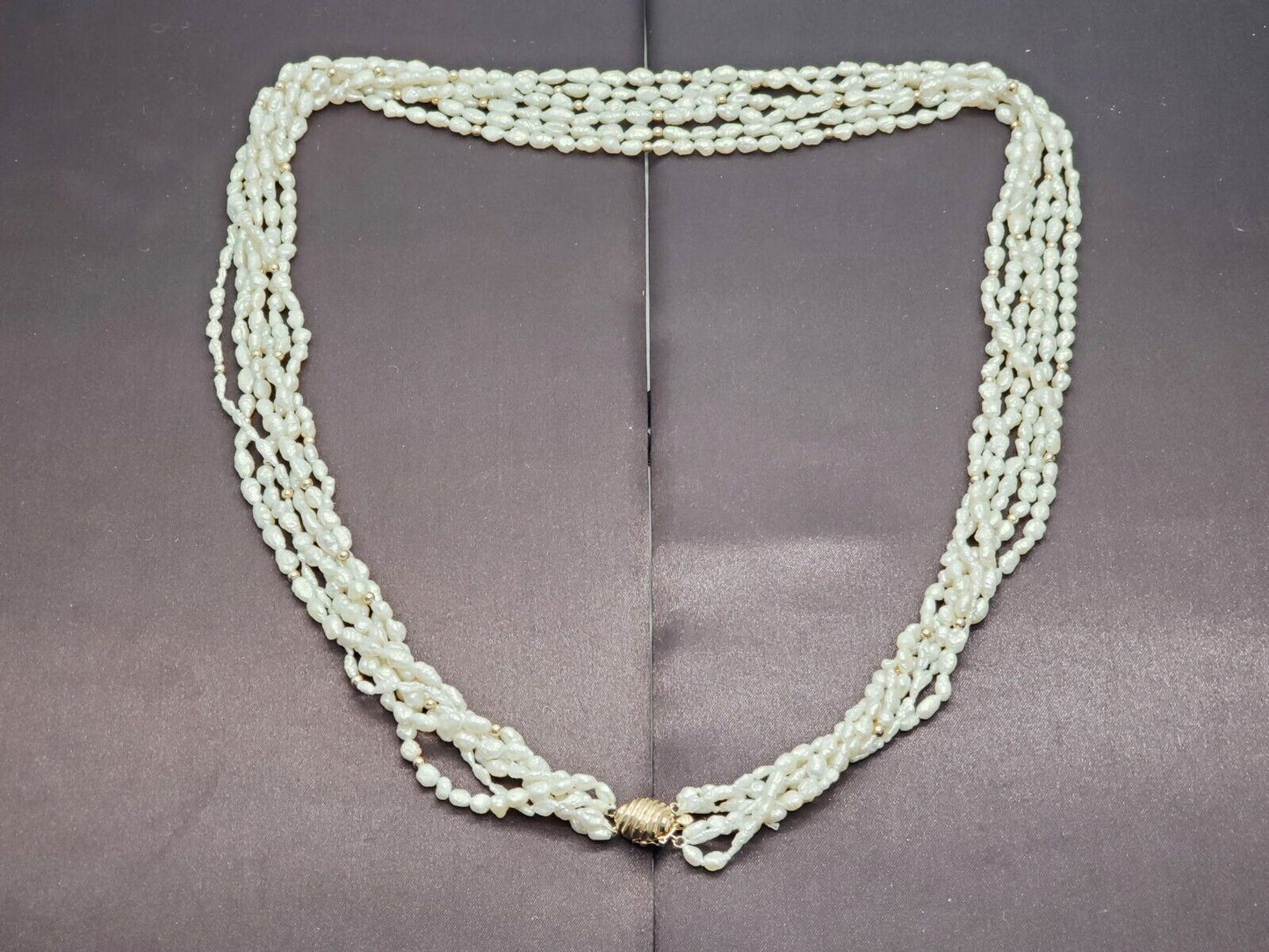 Estate Lustrous 6-Strand Rice & Baroque Pearl Necklace 14k Gold Clasp 28"