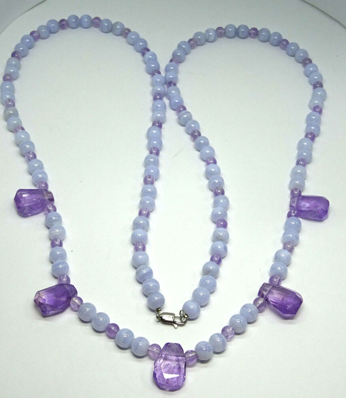 Genuine Amethyst & Blue Lace Agate Bead Necklace w/ 14K Clasp, 36", 70.5g