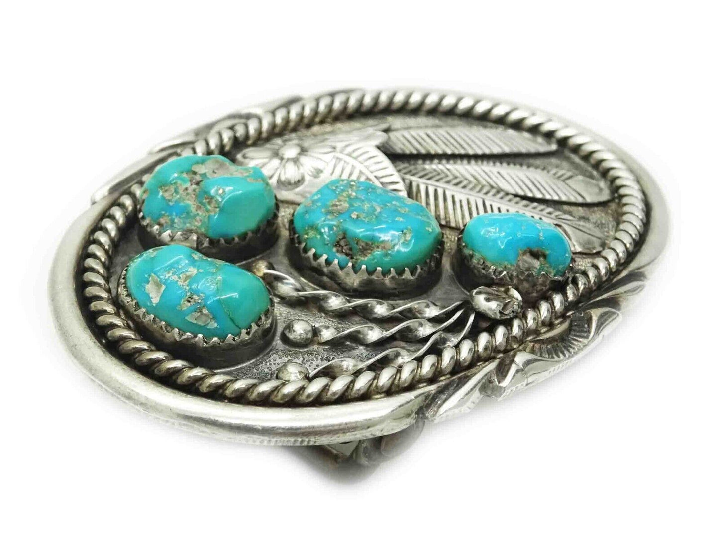 Native American Turquoise Nugget Feather Design Belt Buckle Sterling Silver