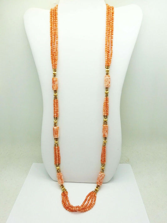 Angel Skin Multi-Strand Bead & Carved Tube Coral Bead Necklace 14k Gold 36"