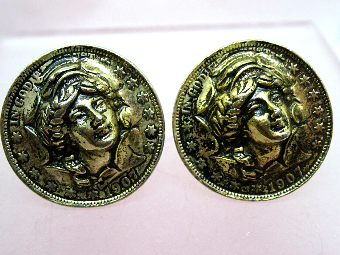 Vintage Lady Liberty Repousse Face 3D 1907 Half Dollar Coin Cuff Links, 29.2 g