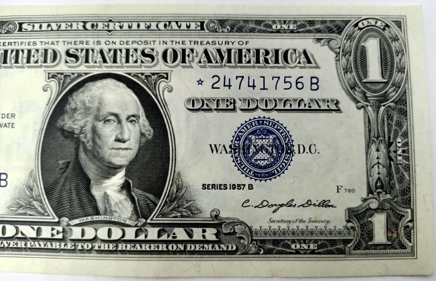 1957-B $1 One Dollar Bill Silver Certificate Star Note *24741756B Crisp