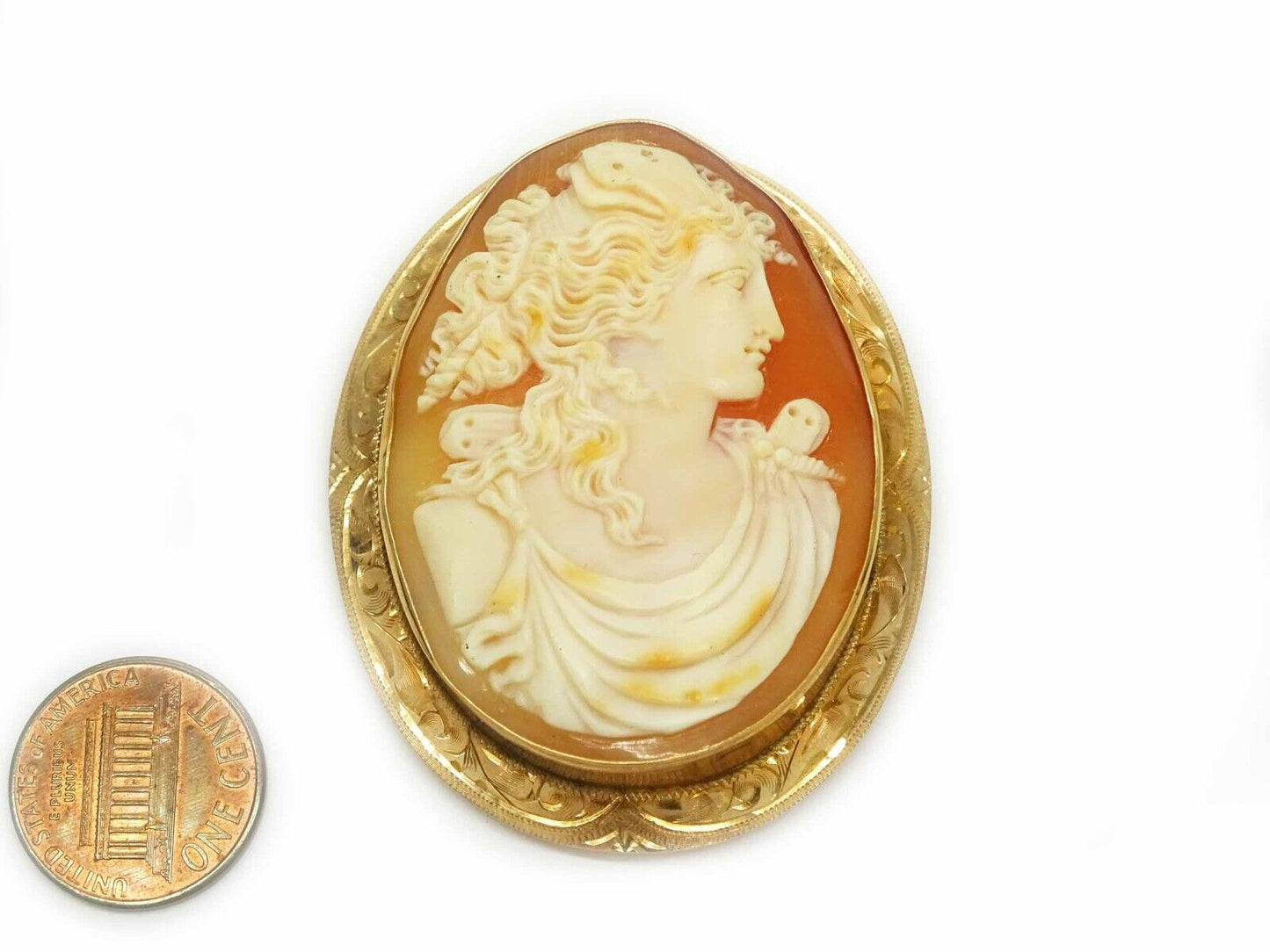 Large Finely Detailed Victorian Shell Cameo Brooch Pin Pendant 10k Gold