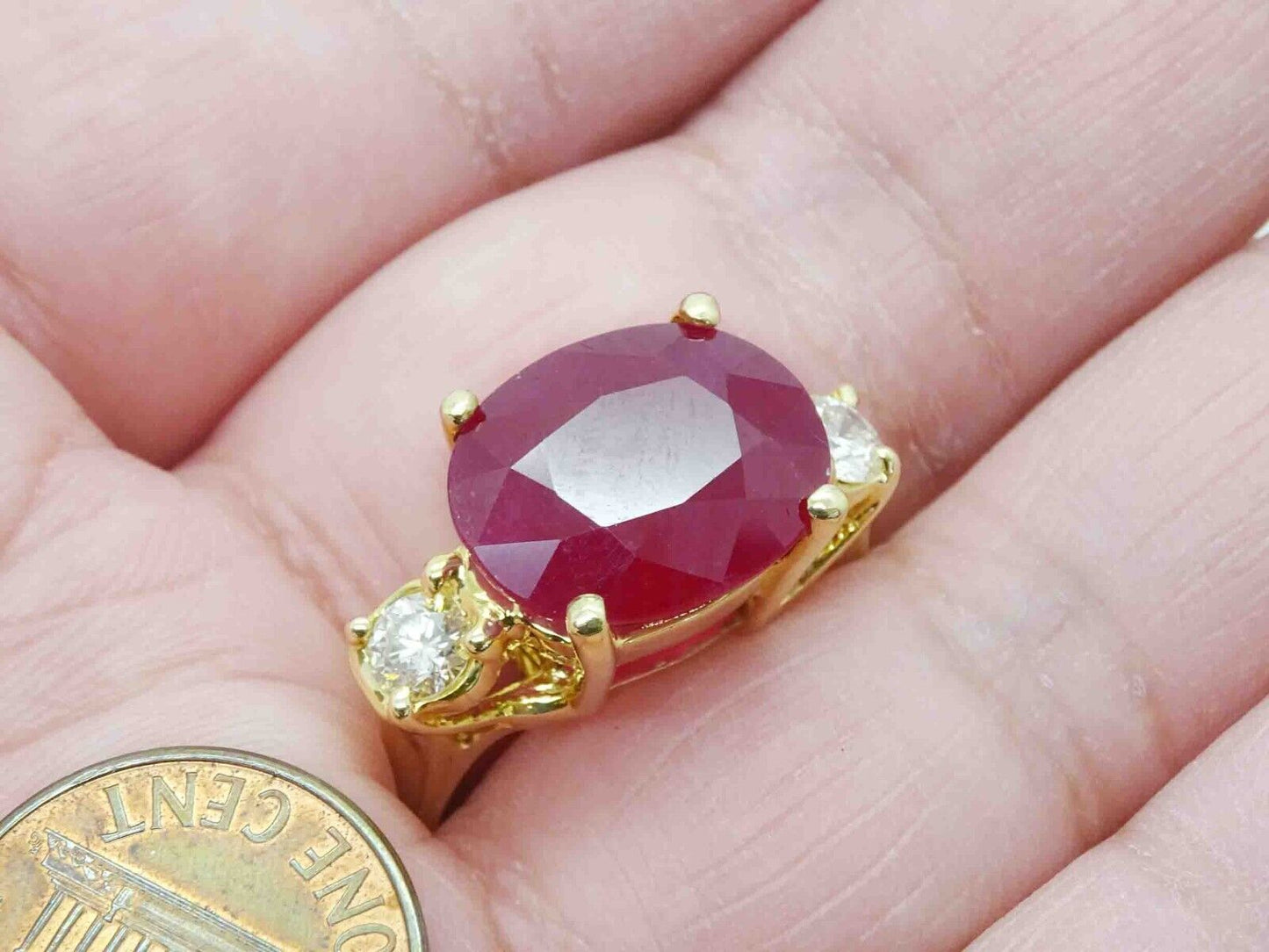 12.1ct tw Glass-Filled Natural Ruby & Diamond 3-Stone Ring 14k Gold Size 11.5