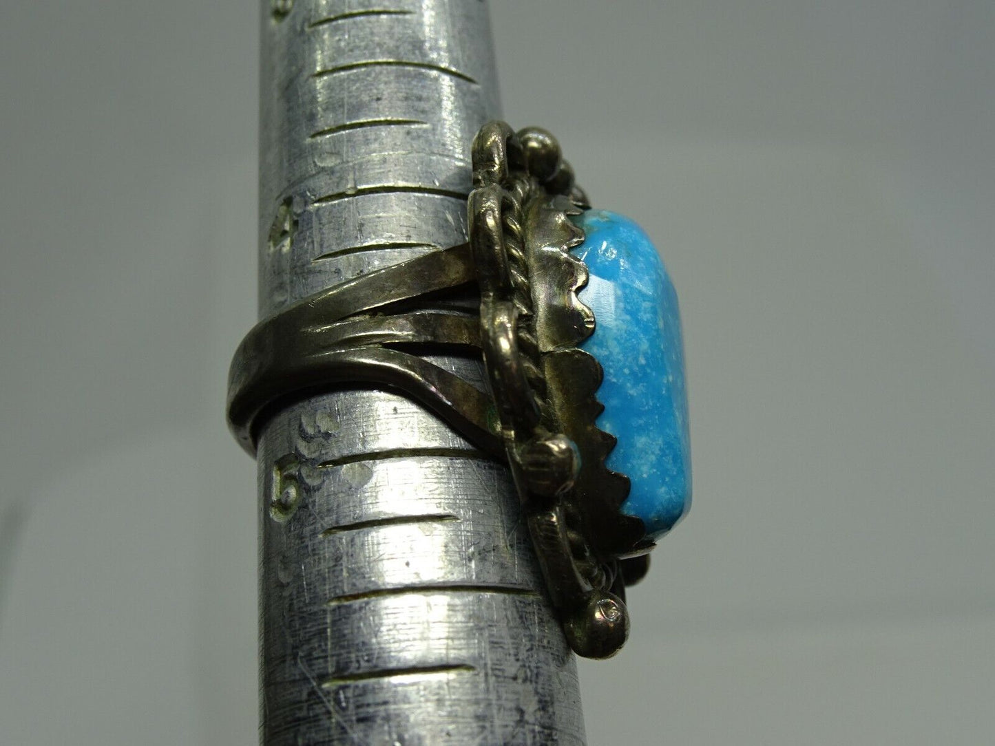 Old Pawn Native American Navajo Sterling Turquoise Ring Sawtooth Bezel  Size 4.5