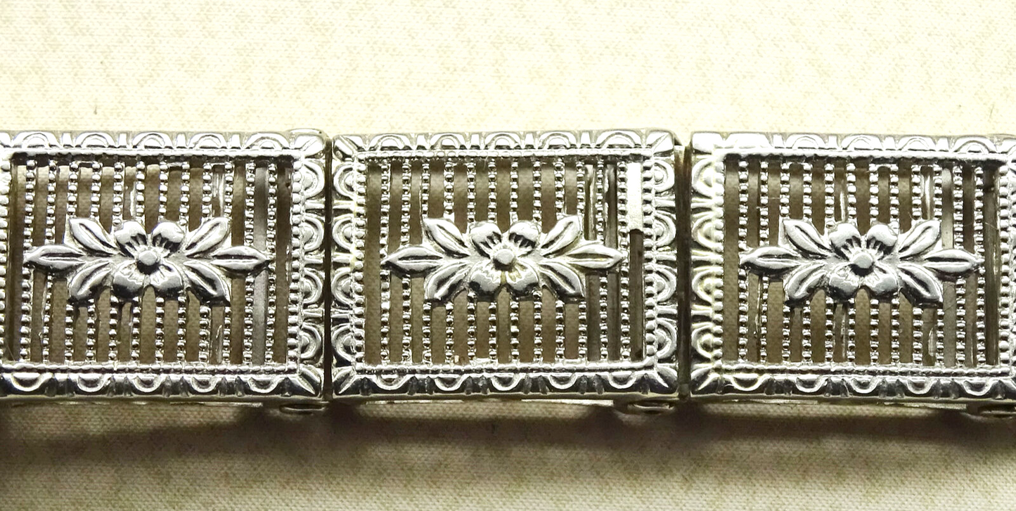 Vintage Art Deco 14k White Gold Diamond Station Bracelet